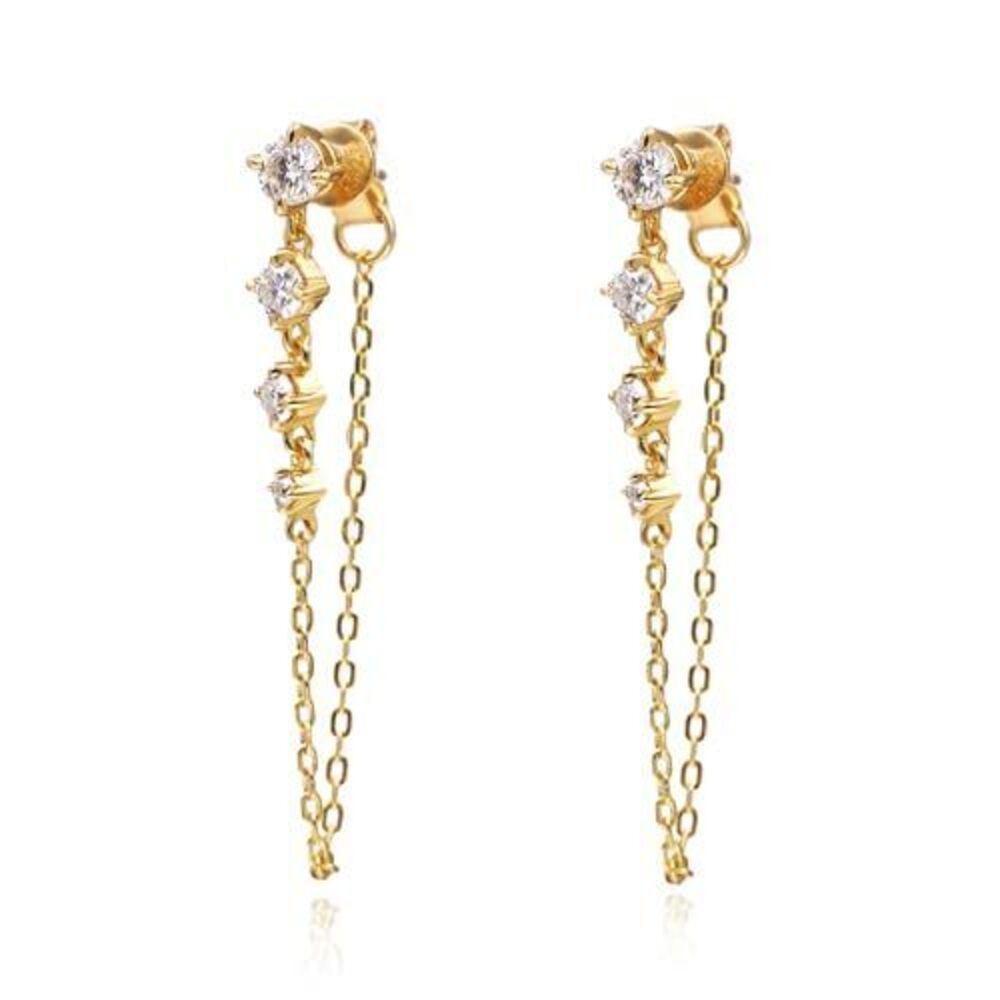 18K White Gold Chain Earrings for Women | Double Piercing Dangle Chain Stud Ear